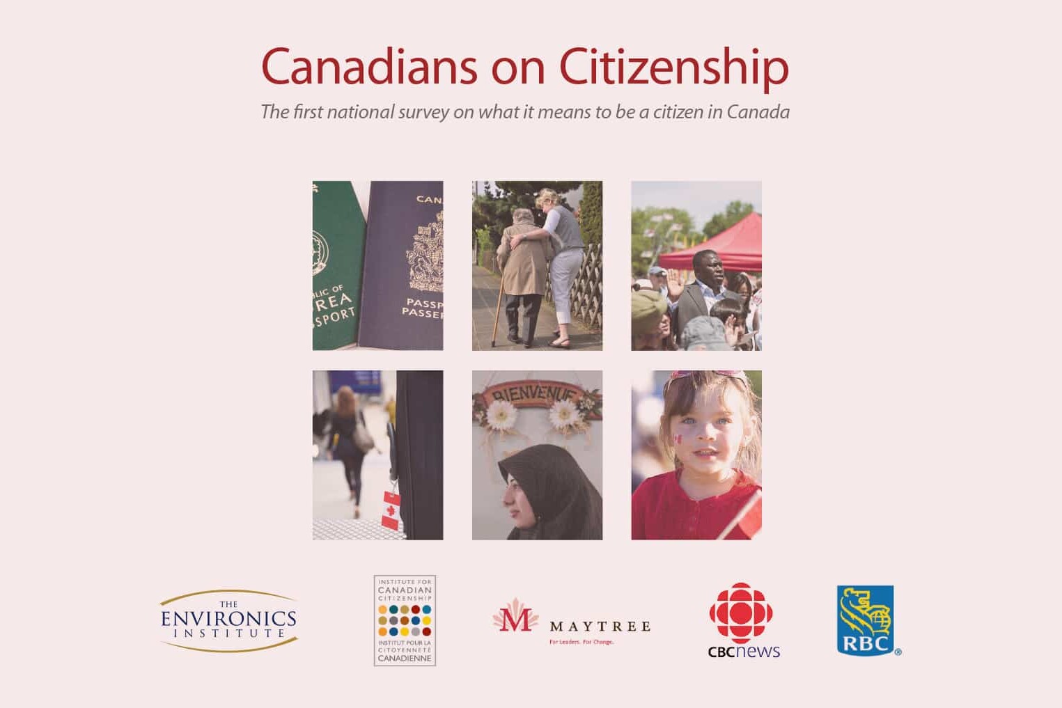 A collage of photos featuring diverse people, a passport, a handshake, and a welcome sign illustrates the Canadians on Citizenship project, supported by logos of Environics Institute, CBC, RBC, Maytree, and other partners below.