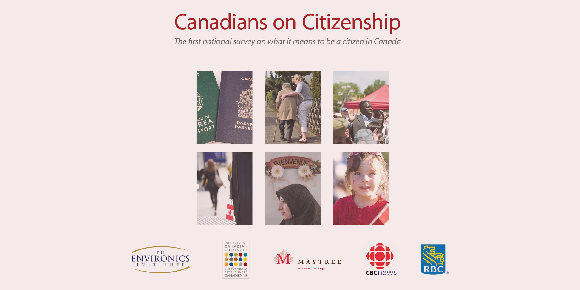 A collage of photos featuring diverse people, a passport, a handshake, and a welcome sign illustrates the Canadians on Citizenship project, supported by logos of Environics Institute, CBC, RBC, Maytree, and other partners below.