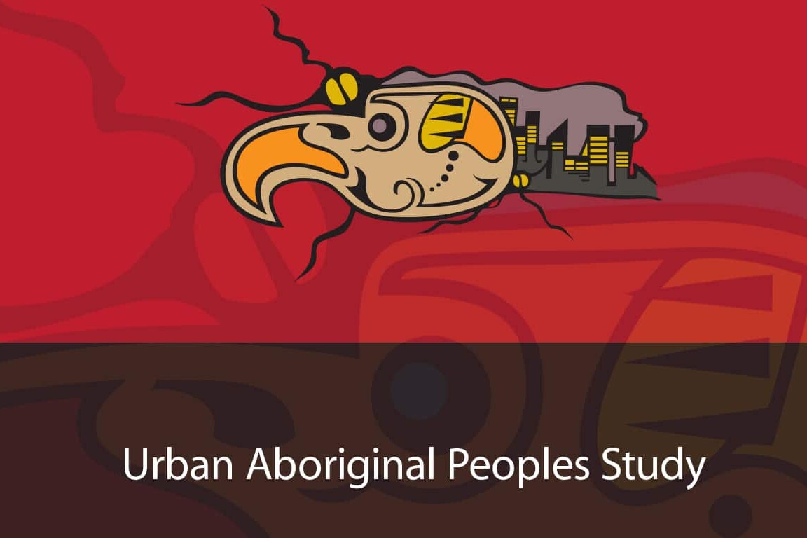 Stylized Indigenous art of a bird with cityscape elements on a red background, highlighting the Urban Aboriginal Peoples Study at the bottom.