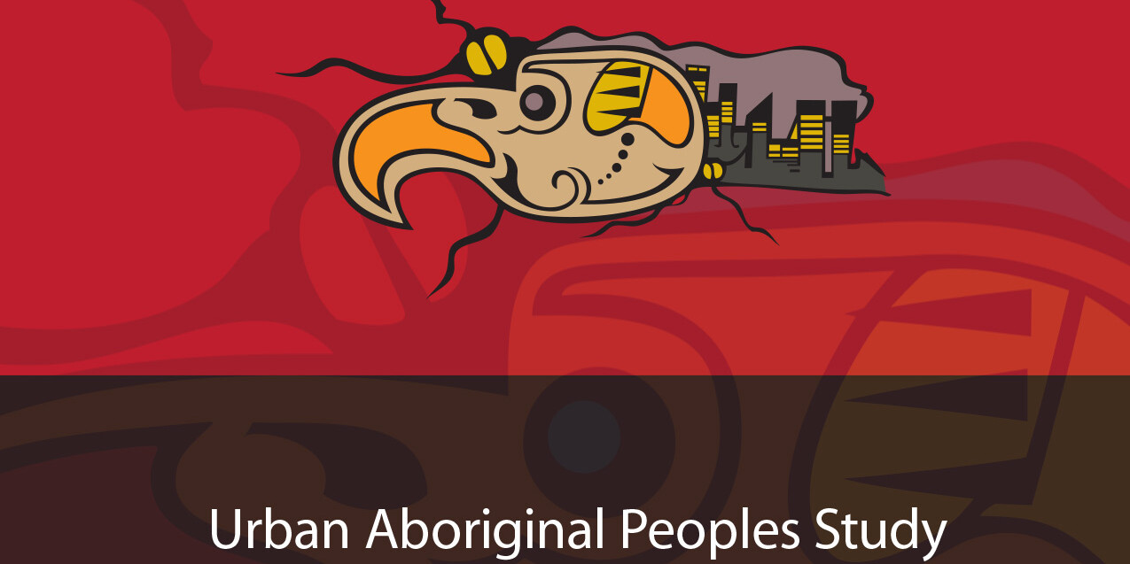 Stylized Indigenous art of a bird with cityscape elements on a red background, highlighting the Urban Aboriginal Peoples Study at the bottom.
