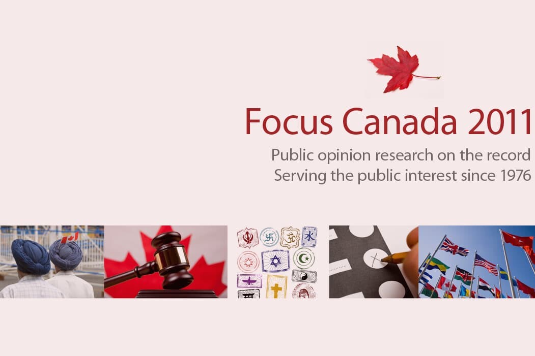 A presentation slide titled Focus Canada 2011 with a red maple leaf, highlighting public opinion research since 1976. Images below show people, a gavel, voting symbols, puzzle pieces, international flags—anticipating insights for Focus Canada 2012.