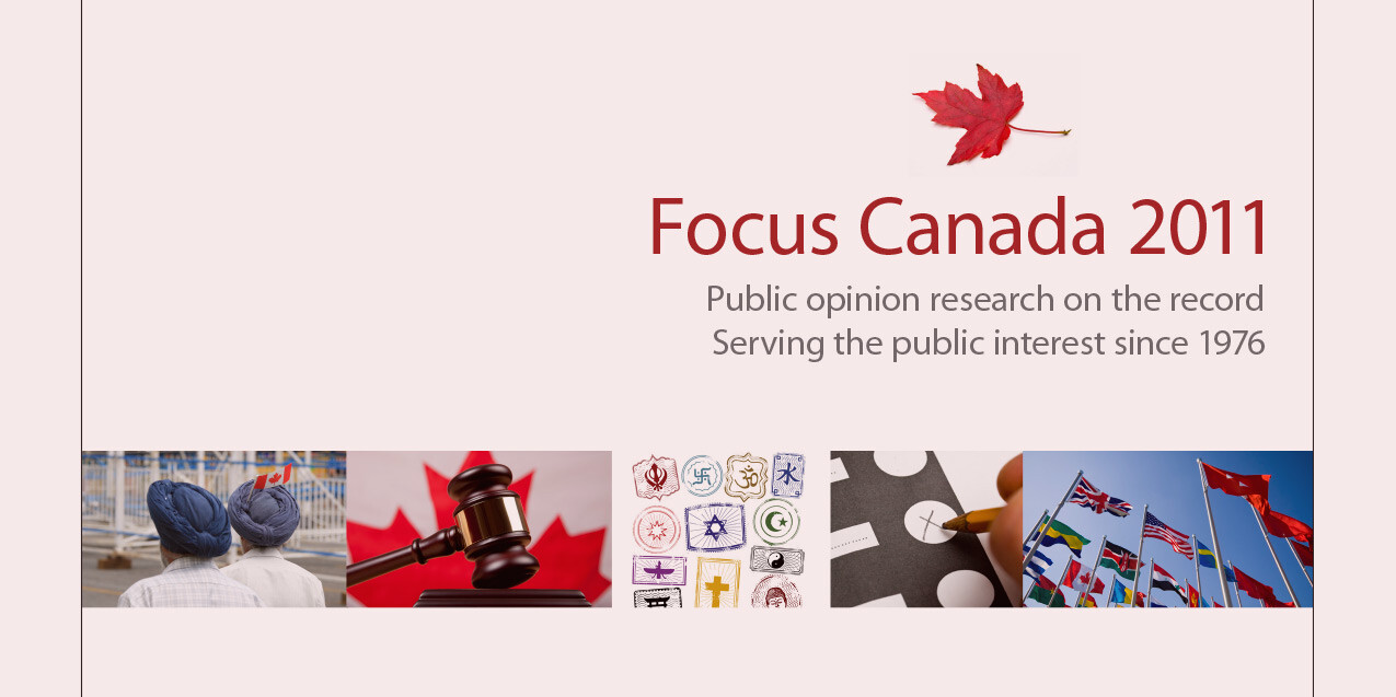 A presentation slide titled Focus Canada 2011 with a red maple leaf, highlighting public opinion research since 1976. Images below show people, a gavel, voting symbols, puzzle pieces, international flags—anticipating insights for Focus Canada 2012.