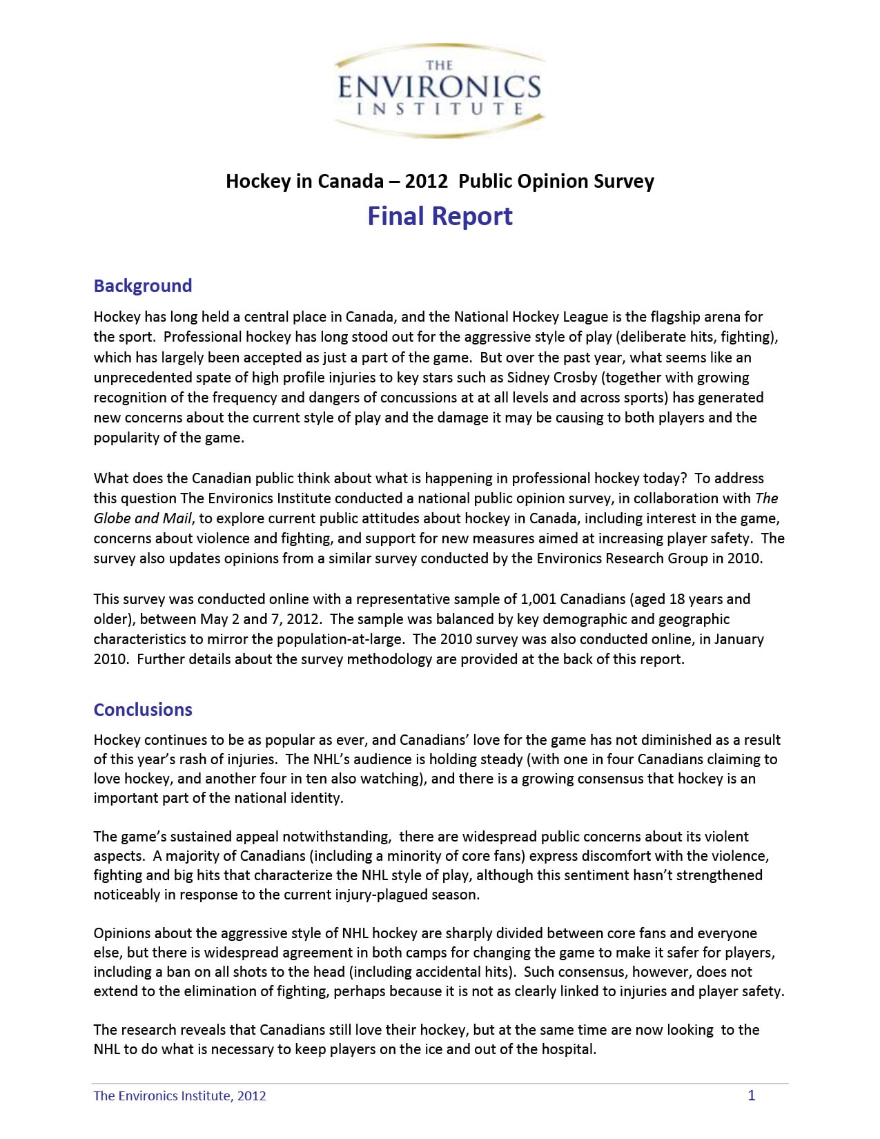 The first page of Canadians on Hockey 2012 &ndash; Public Opinion Survey Final Report by Environics Institute features Background and Introduction sections, exploring Canadian attitudes toward hockey.
