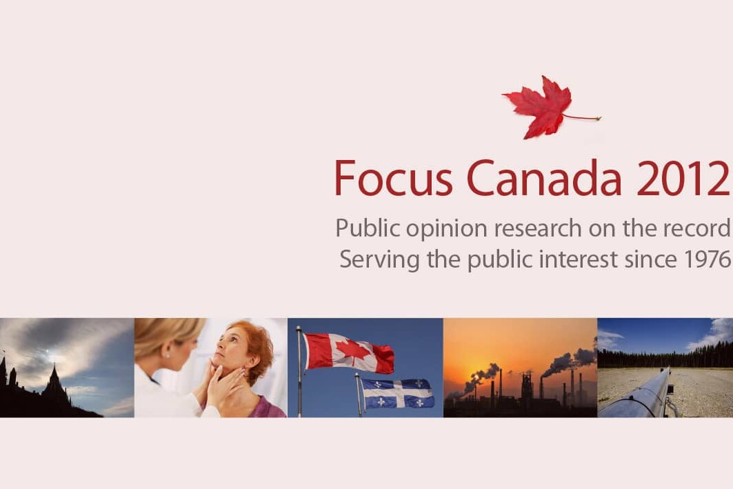A presentation slide titled “Focus Canada 2012” with the tagline “Public opinion research on the record. Serving the public interest since 1976.” Images below, reflecting Focus Canada 2012 themes, show Parliament, healthcare, flags, factories, and pipelines.