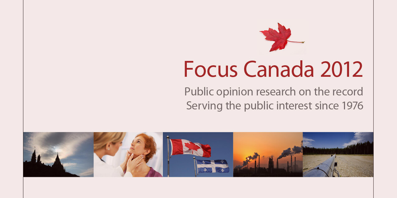 A presentation slide titled “Focus Canada 2012” with the tagline “Public opinion research on the record. Serving the public interest since 1976.” Images below, reflecting Focus Canada 2012 themes, show Parliament, healthcare, flags, factories, and pipelines.