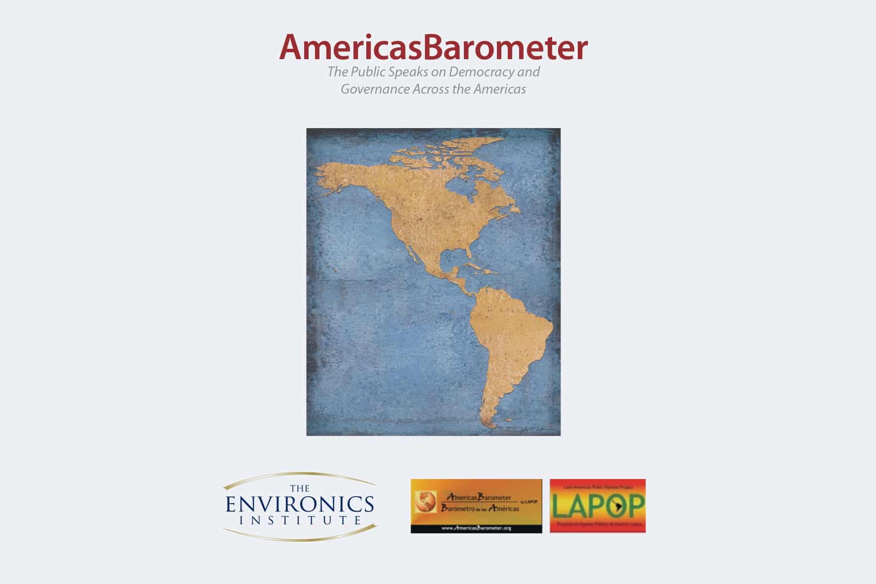 A stylized map of the Americas is centered on a light background. Above it reads AmericasBarometer 2012, with a subtitle about public opinion on democracy. Logos of three institutes are displayed at the bottom.