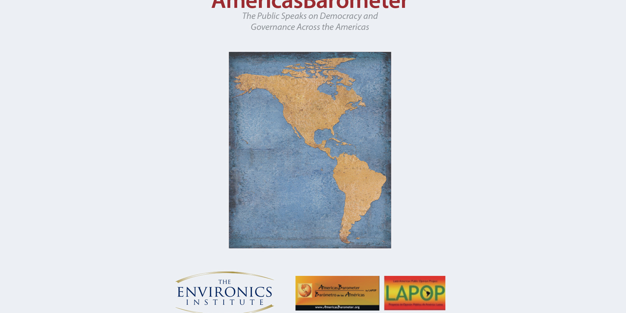 A stylized map of the Americas is centered on a light background. Above it reads AmericasBarometer 2012, with a subtitle about public opinion on democracy. Logos of three institutes are displayed at the bottom.