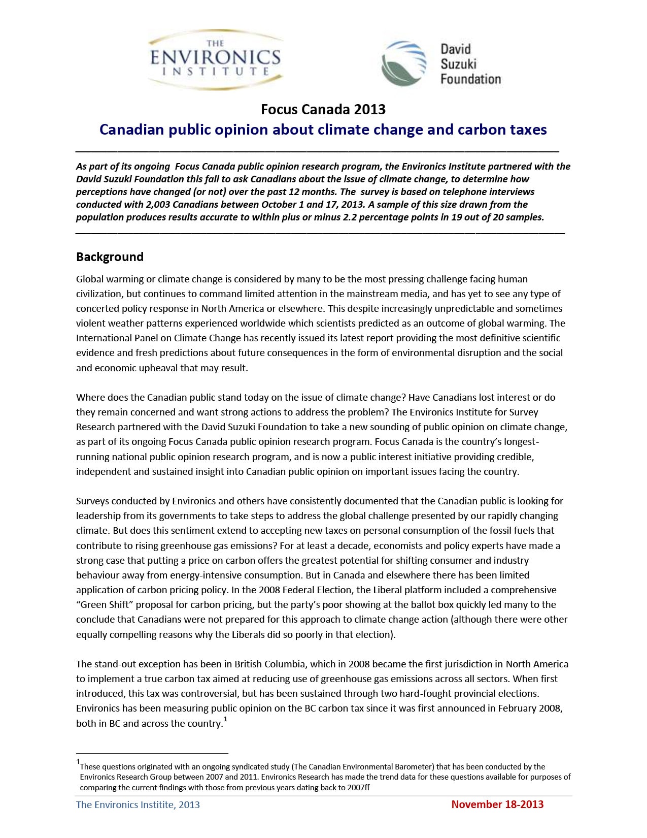 A research report titled &ldquo;Canadian Public Opinion About Climate Change 2013&rdquo; from The Environics Institute and David Suzuki Foundation, featuring introductory text, background, and climate issues, with a blue header and black body text.