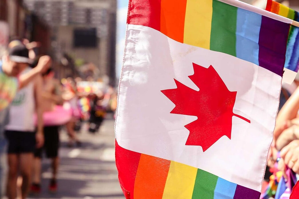 Two Canadian flags with rainbow stripes are held at a vibrant outdoor parade. People in colorful clothing and rainbow accessories line the street, celebrating diversity and inclusion—a counterpoint to claims that Harper has not shifted Canadians' opinions.