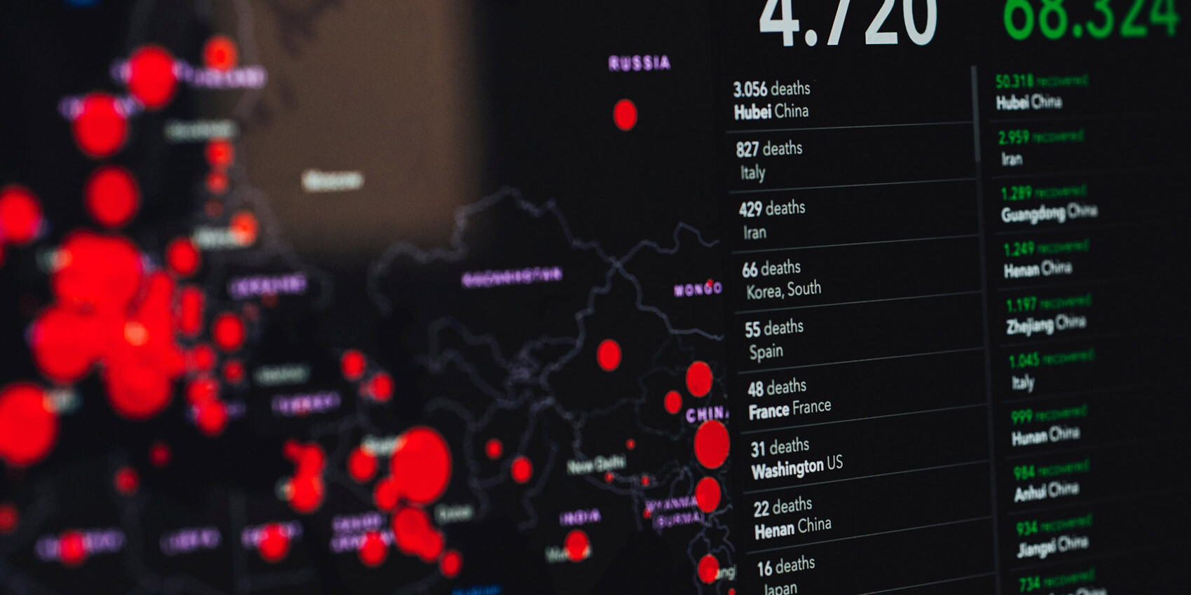 A digital dashboard shows a world map with large red circles for outbreak locations and a stats panel listing 4,720 deaths and 68,324 recovered—putting the 