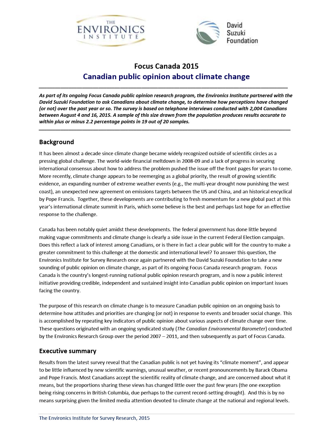 A report page titled Canadian public opinion about climate change features text, blue and black headings, and logos for the Environics Institute and David Suzuki Foundation. It highlights 2015 Canadian Public Opinion on Climate Change survey findings and background information.