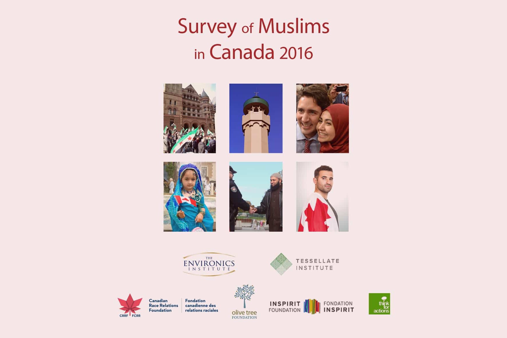 A collage of six images features Canadian Muslims in various settings, with the title Survey of Muslims in Canada 2016 above. Along the bottom are organizational logos, highlighting insights from the International Report Card on Public Education.