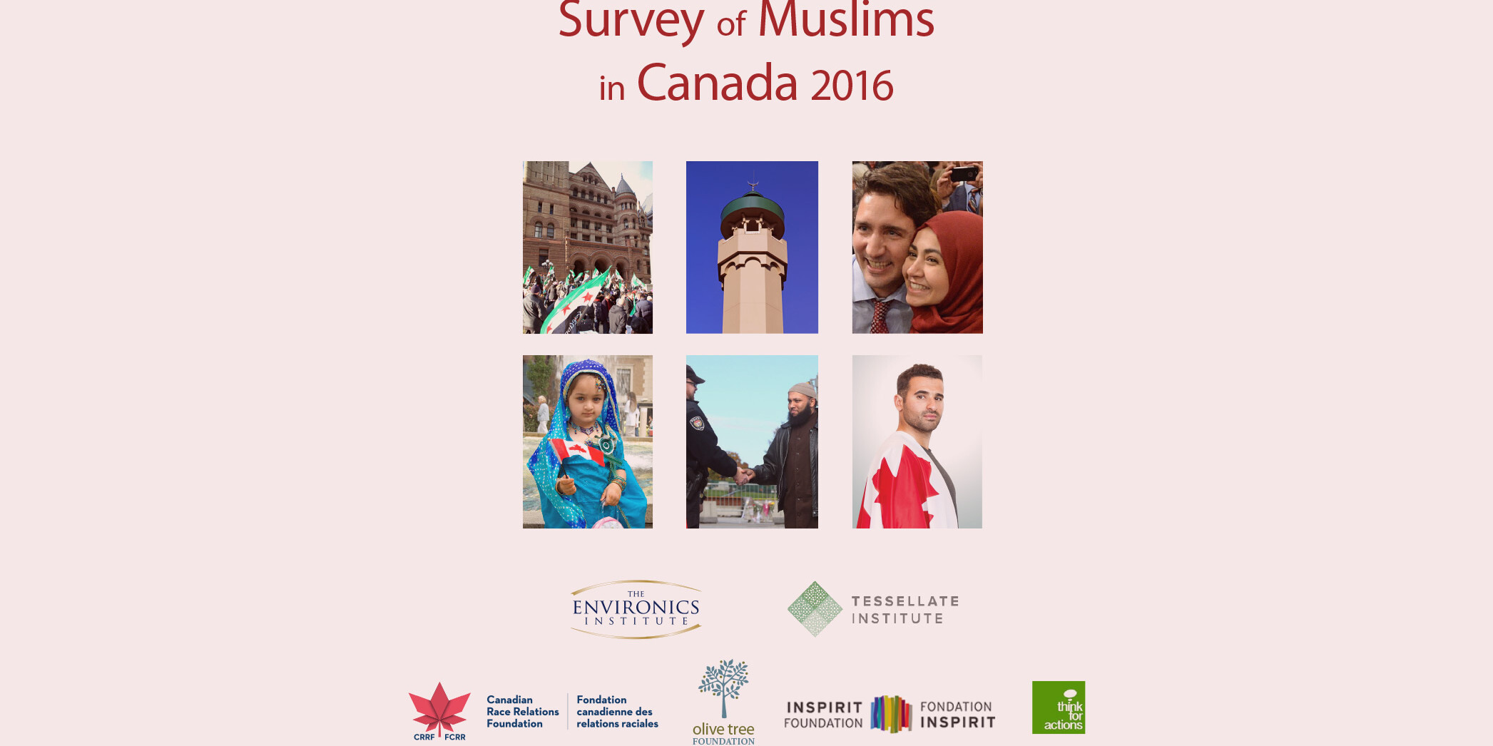 A collage of six images features Canadian Muslims in various settings, with the title Survey of Muslims in Canada 2016 above. Along the bottom are organizational logos, highlighting insights from the International Report Card on Public Education.
