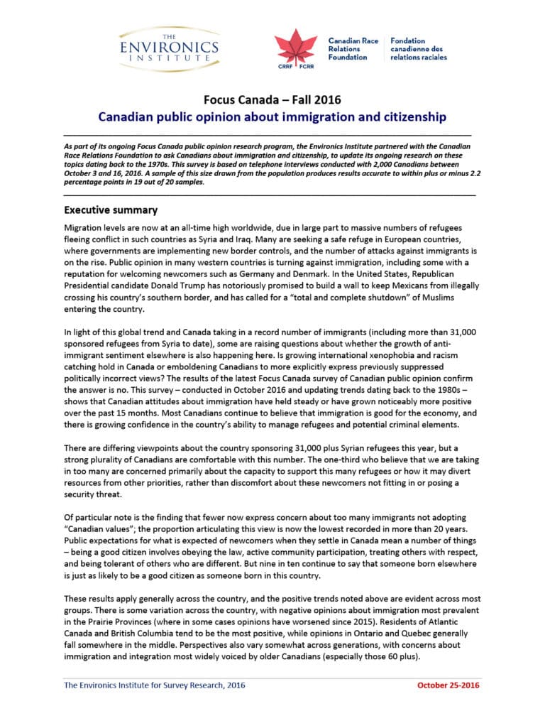 2016 Survey on Immigration and Citizenship | Environics Institute for ...