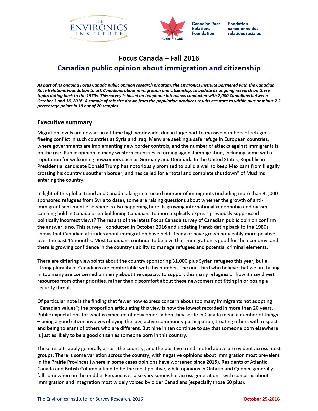 An executive summary of a 2016 report by The Environics Institute, based on the 2016 Survey on Immigration and Citizenship, explores immigration trends, public opinion, and their impacts on Canada. Logos are at the top.