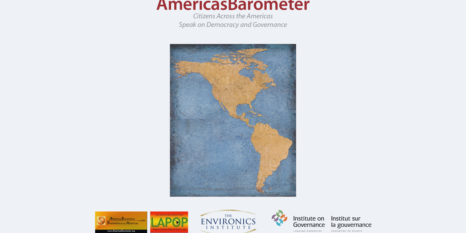 A stylized map of the Americas on a blue background is centered below the title AmericasBarometer 2014. Logos of three partner organizations are displayed at the bottom of the image.
