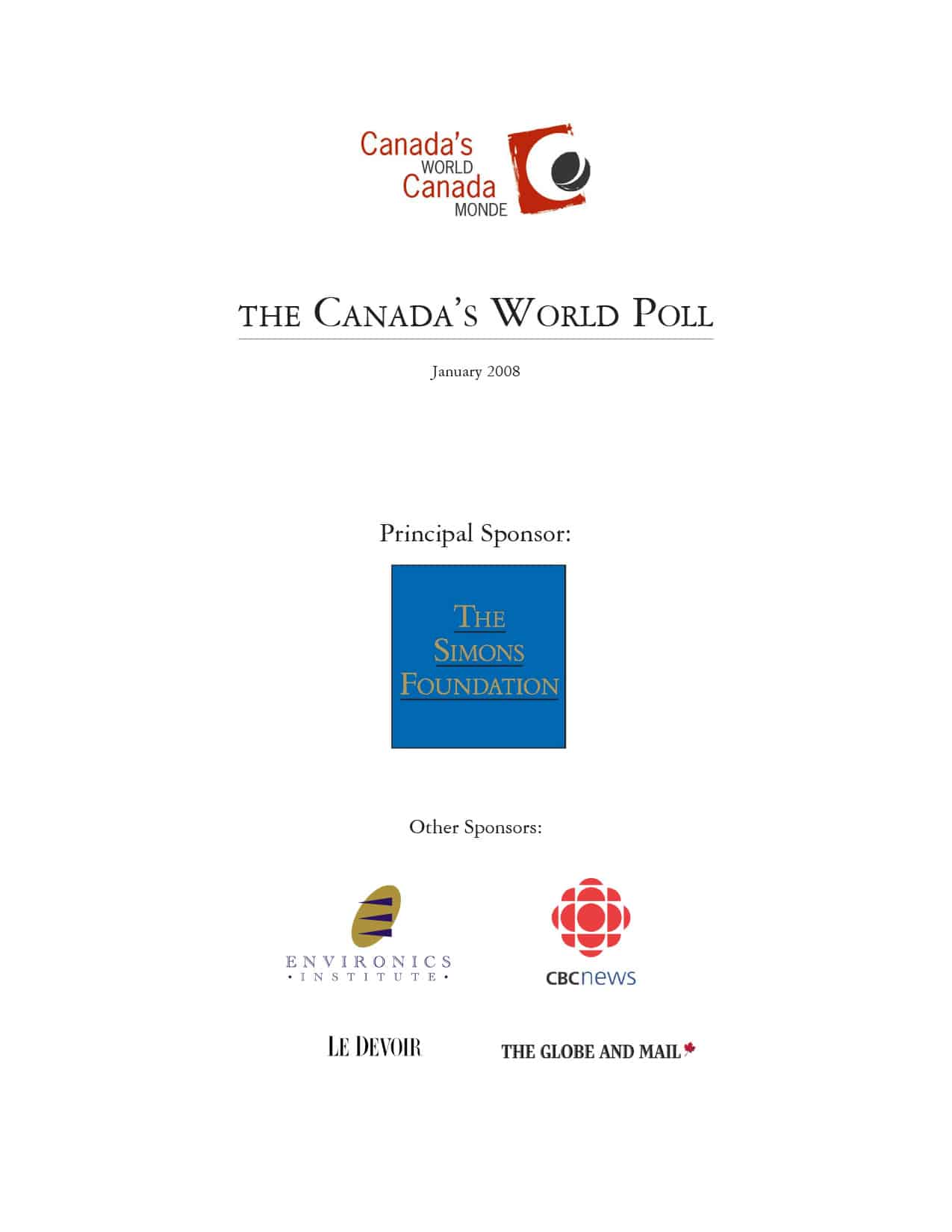 Cover page of The Canadas World Poll from January 2008, part of the Canada's World Survey. It features logos of sponsors: The Simons Foundation, Environics Institute, CBC News, Le Devoir, and The Globe and Mail, with a red Canadas World logo at the top.