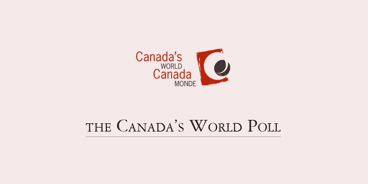 Logo with the text Canadas WORLD Canada MONDE above a red square featuring a circular design, and below, the words THE CANADA’S WORLD SURVEY POLL appear on a light background.