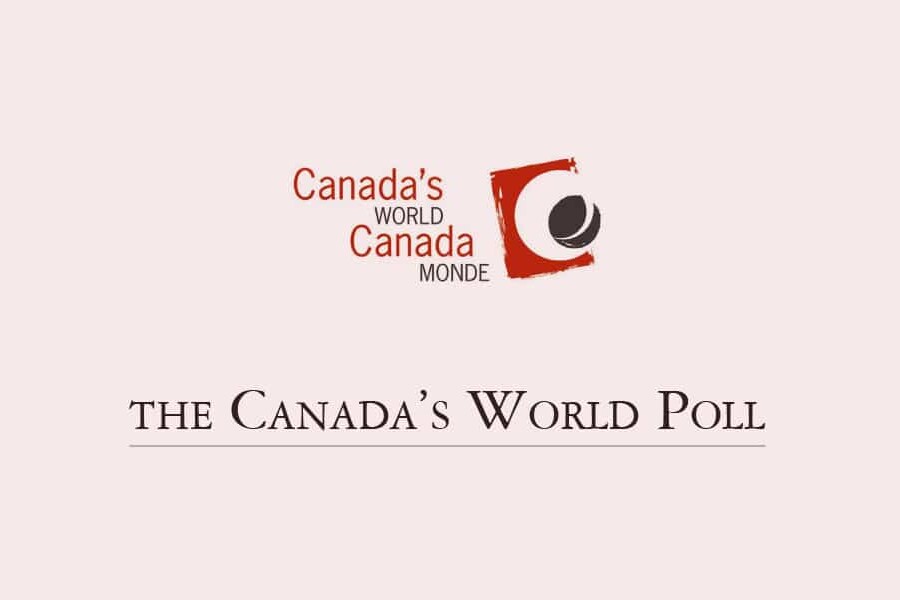 Logo with the text Canadas WORLD Canada MONDE above a red square featuring a circular design, and below, the words THE CANADA’S WORLD SURVEY POLL appear on a light background.