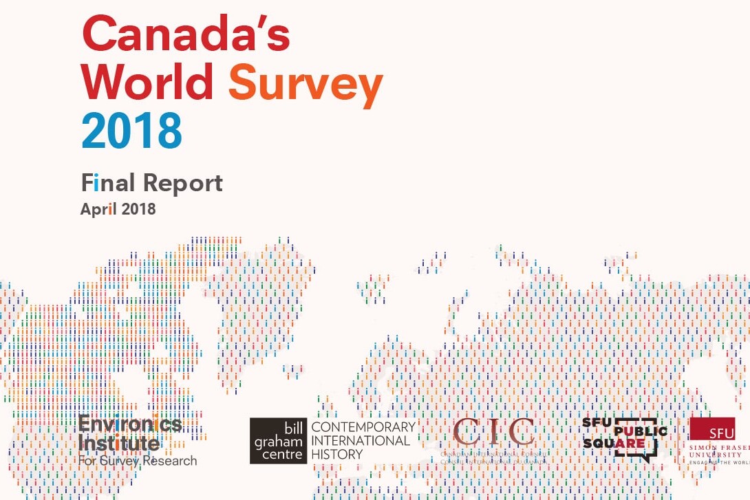 Cover page of Canada's World Survey 2018 Final Report, featuring colorful text and a dotted world map graphic. Canada's World Survey 2018 title and logos of supporting organizations appear at the bottom.