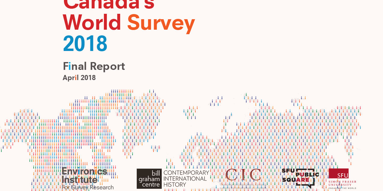 Cover page of Canada's World Survey 2018 Final Report, featuring colorful text and a dotted world map graphic. Canada's World Survey 2018 title and logos of supporting organizations appear at the bottom.