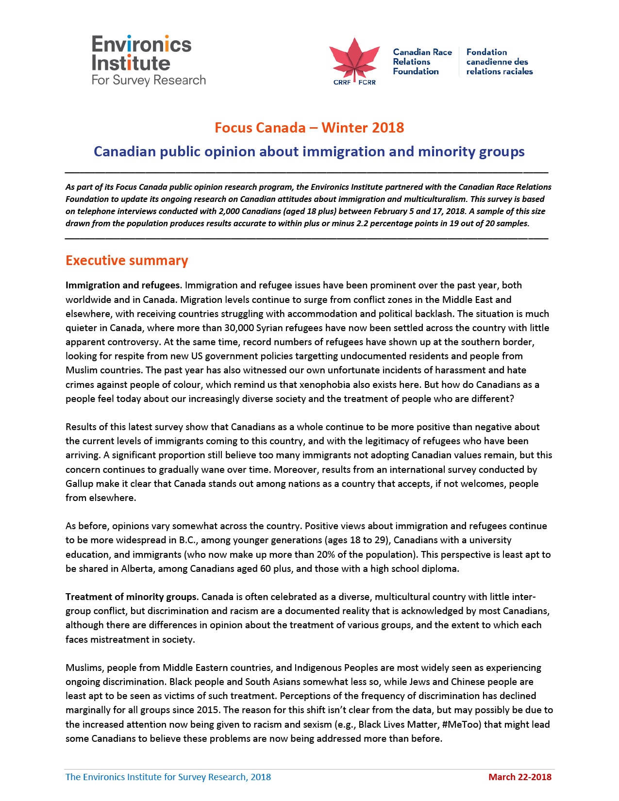 A report titled Canadian Public Opinion on Immigration and Minority Groups by Environics Institute features an executive summary about immigration trends, public attitudes, and minority experiences in Canada.