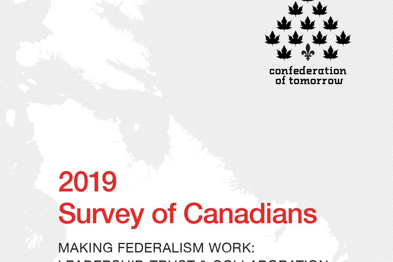 Cover of the 2019 Survey of Canadians from Confederation of Tomorrow, featuring a red title and maple leaf design, with the text Making Federalism Work: Leadership, Trust & Collaboration highlighted prominently.