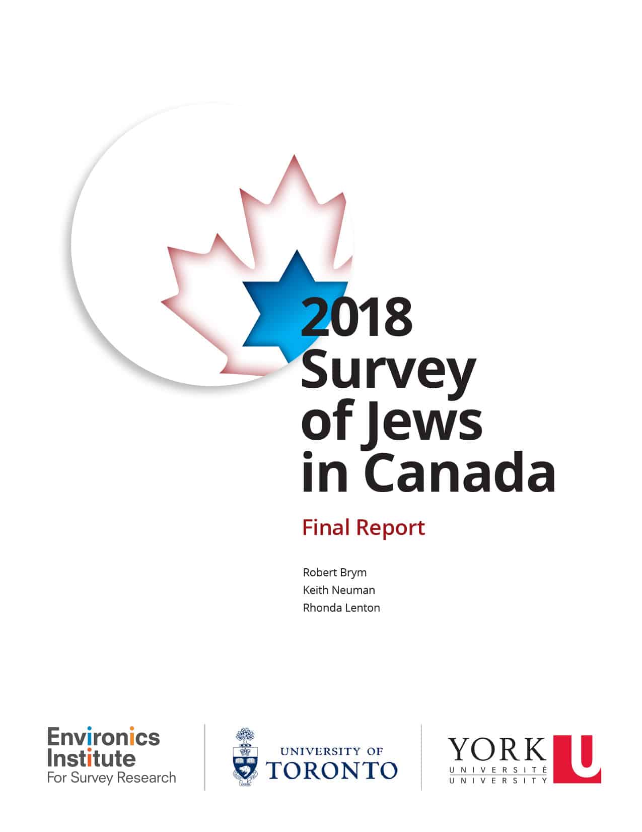 Cover page of the 2018 Survey of Jews in Canada Final Report, featuring a blue Star of David over a red maple leaf. Logos for Environics Institute, University of Toronto, and York University appear at the bottom.