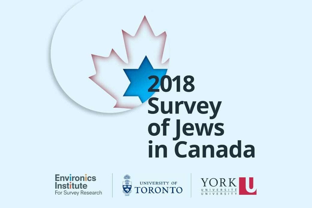 Blue and white graphic with a faded maple leaf and Star of David, highlighting the 2018 Survey of Jews in Canada, with logos for Environics Institute, University of Toronto, and York University.