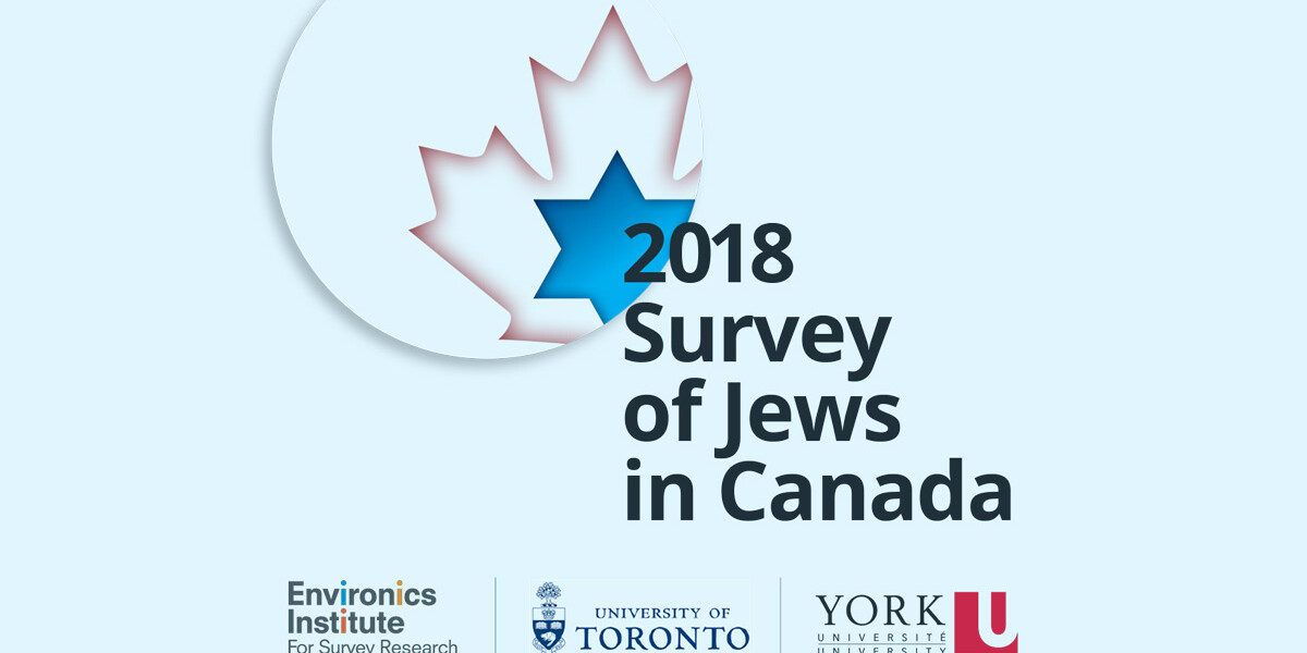 Blue and white graphic with a faded maple leaf and Star of David, highlighting the 2018 Survey of Jews in Canada, with logos for Environics Institute, University of Toronto, and York University.