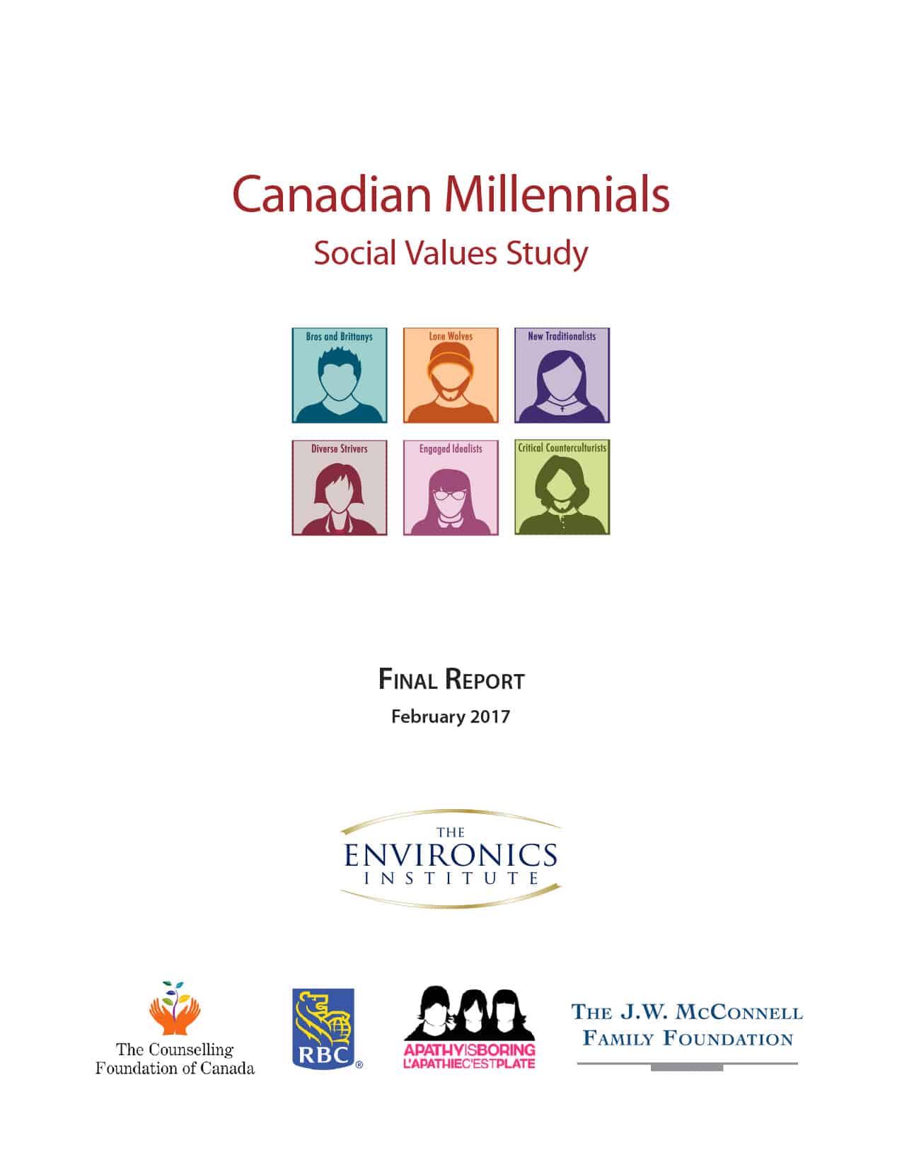 Cover page of the Canadian Millennial Social Values Study final report, February 2017, featuring colorful icons representing values and logos of supporting organizations at the bottom.