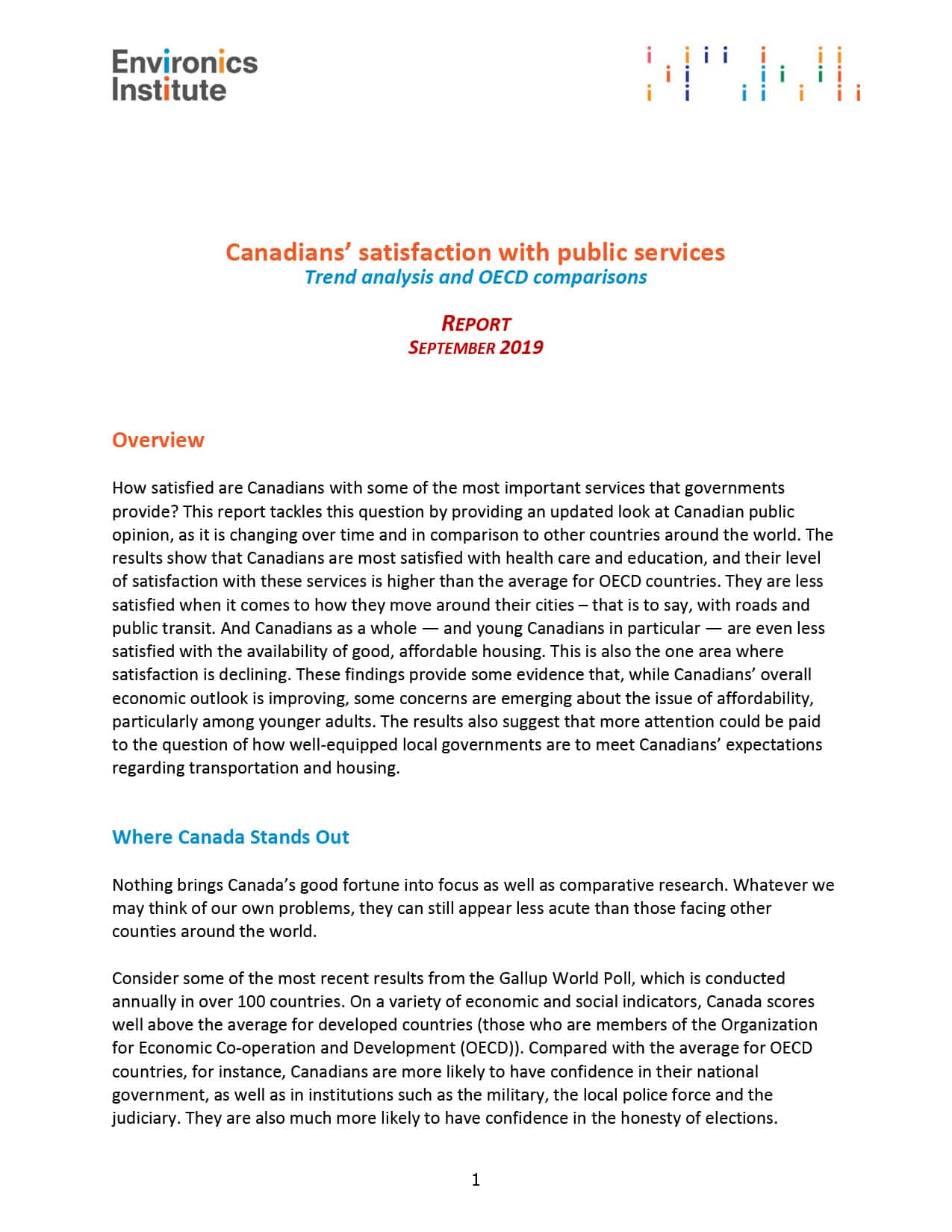 A report cover page titled Canadians&rsquo; Satisfaction with Public Services: Trend analysis and OECD comparisons, published by Environics Institute in September 2019, featuring an overview of Canadians&rsquo; satisfaction with public services and key findings.