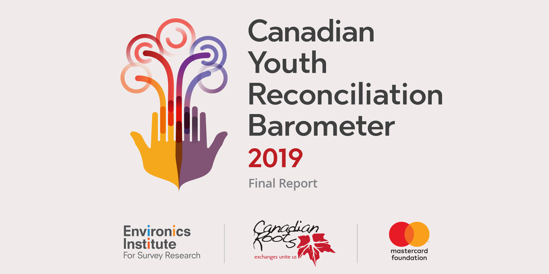 Canadian Youth Reconciliation Barometer 2019 Final Report cover featuring a stylized hand and vibrant abstract lines. Below are the logos for Environics Institute, Canadian Roots Exchange, and Mastercard Foundation.