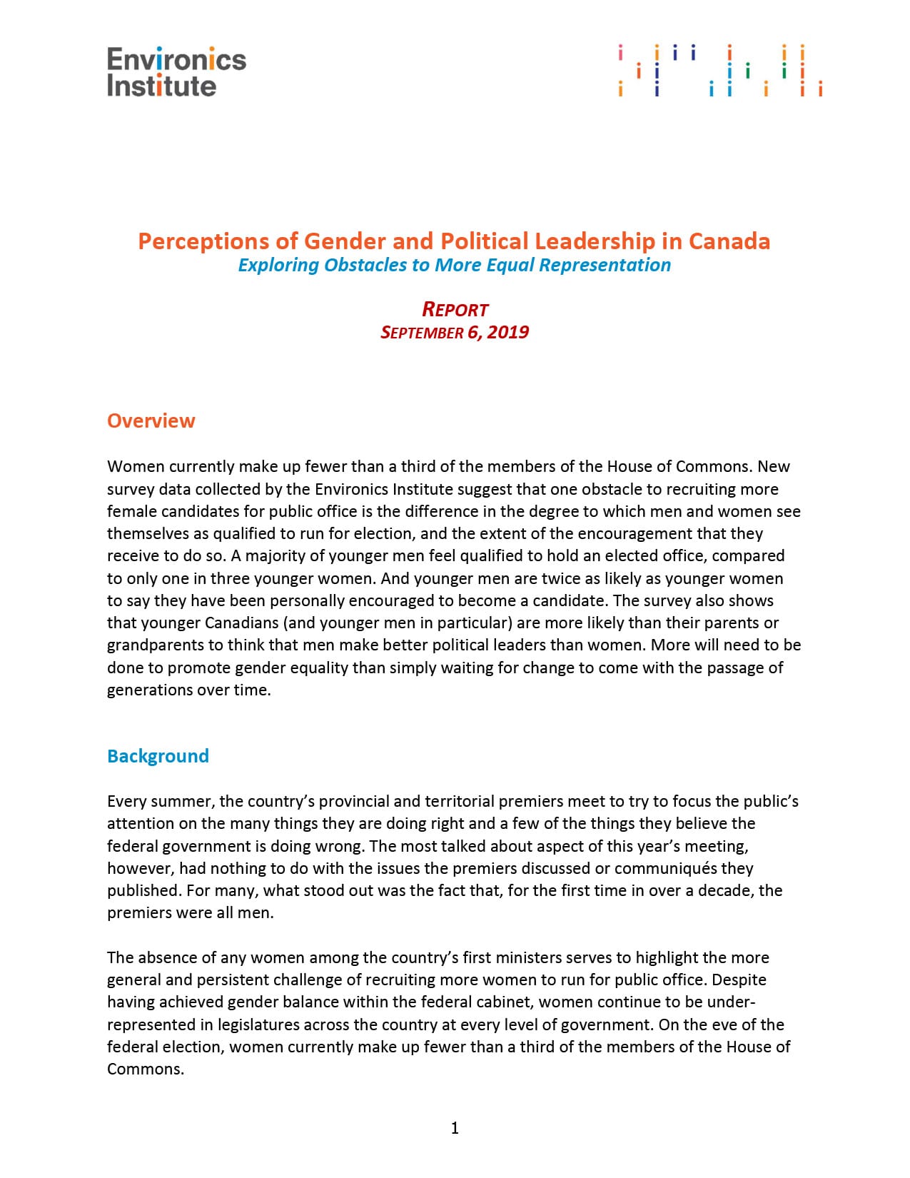A report cover page titled &ldquo;Perceptions of Gender and Political Leadership in Canada&rdquo; with the Environics Institute logo. The page features an overview and background on women&rsquo;s roles in Canadian political leadership.