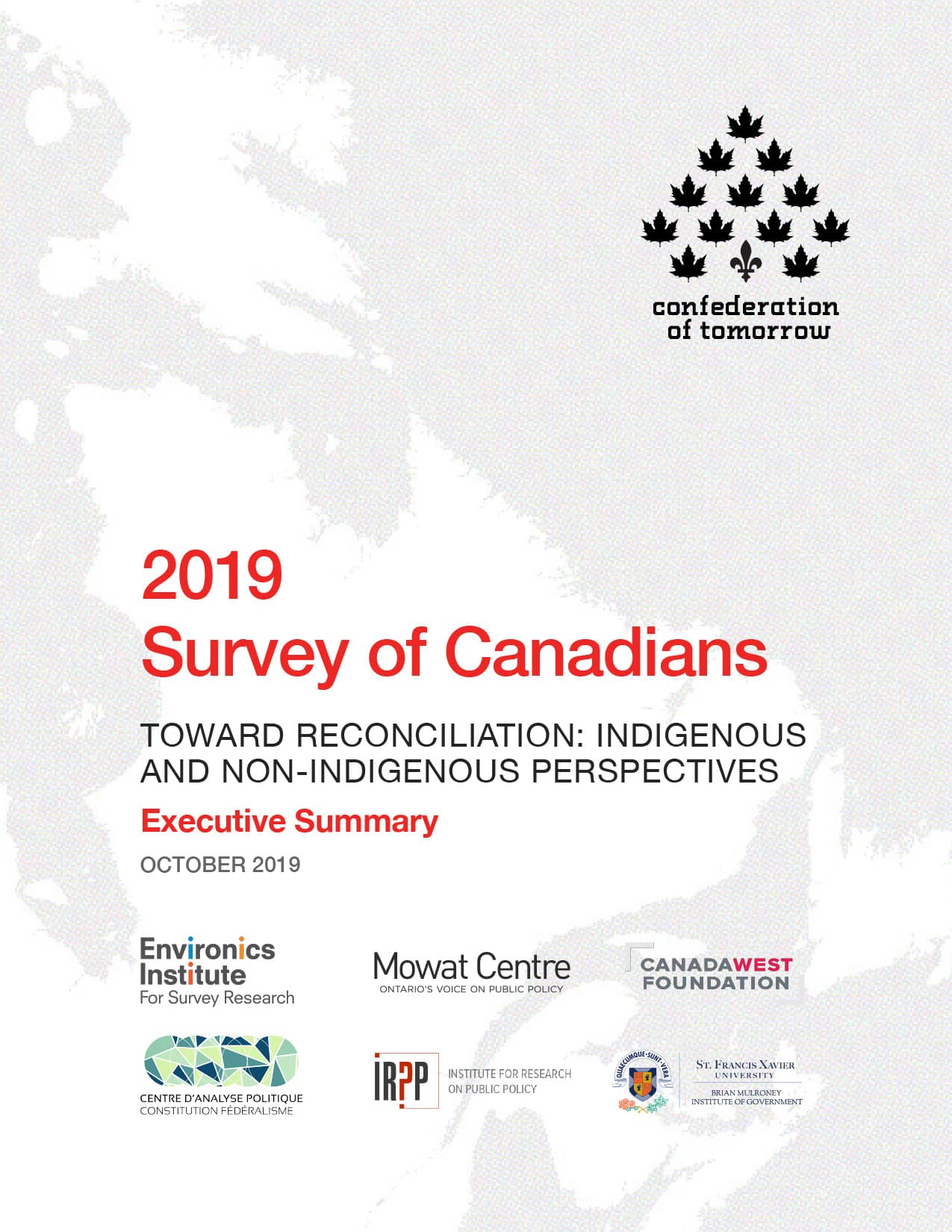 Cover page of a report titled 2019 Survey of Canadians: Towards Reconciliation: Indigenous and non-Indigenous Perspectives, featuring a maple leaves logo and research organization logos at the bottom.