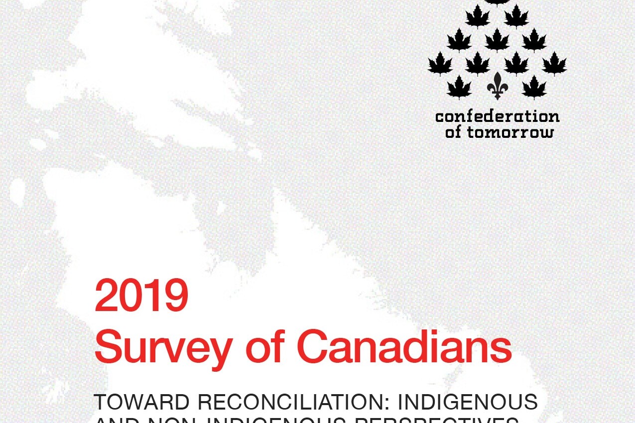Cover page of the 2019 Survey of Canadians report titled Towards Reconciliation: Indigenous and non-Indigenous Perspectives, featuring a logo of black maple leaves shaped like a tree.