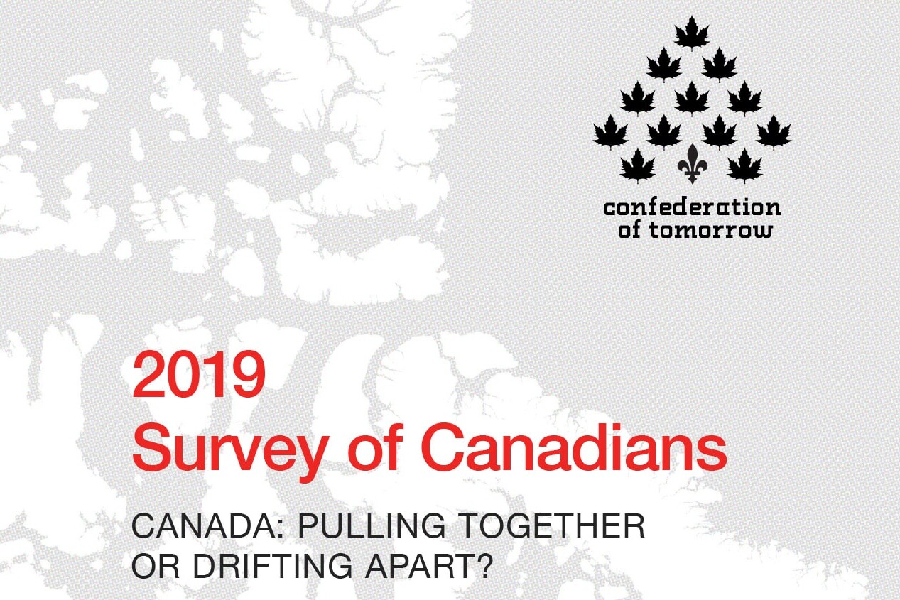 Report cover featuring a stylized map of Canada, black maple leaves, and the title Canada: Pulling Together or Drifting Apart?—2019 Survey of Canadians, with the confederation of tomorrow logo in the top right corner.