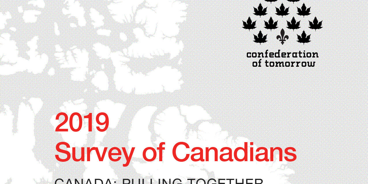Report cover featuring a stylized map of Canada, black maple leaves, and the title Canada: Pulling Together or Drifting Apart?—2019 Survey of Canadians, with the confederation of tomorrow logo in the top right corner.
