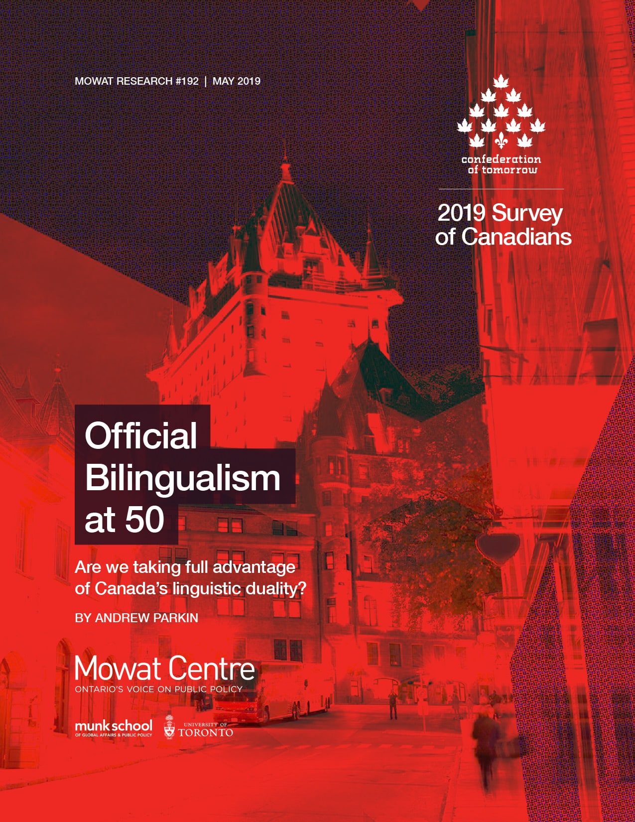 Cover of the 2019 Survey of Canadians report, featuring a red overlay on a cityscape with Canadian architecture. Text highlights Official Bilingualism at 50 and explores questions about Canada&rsquo;s linguistic duality.