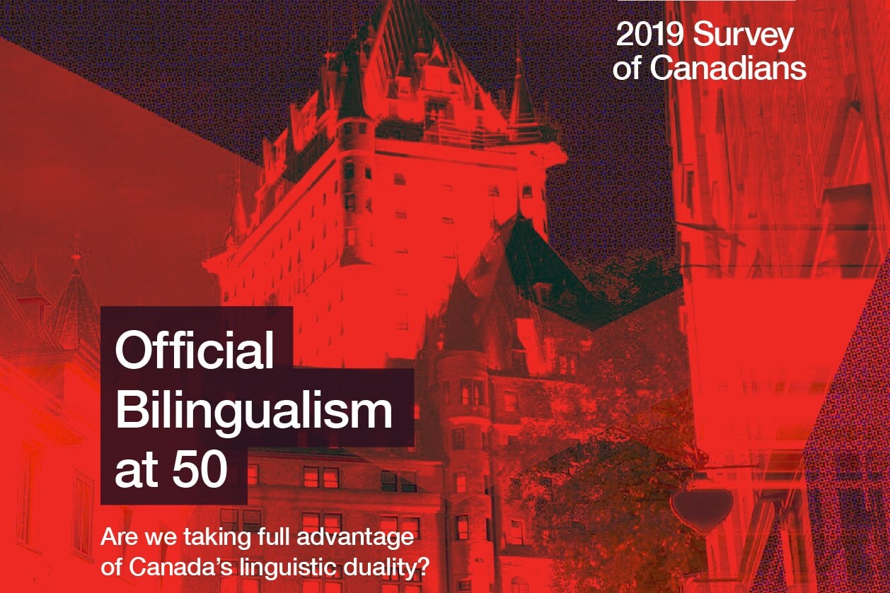 Red-tinted image of a historic building with text: “2019 Survey of Canadians. Official Bilingualism at 50—Are we taking full advantage of Canada’s linguistic duality?”.