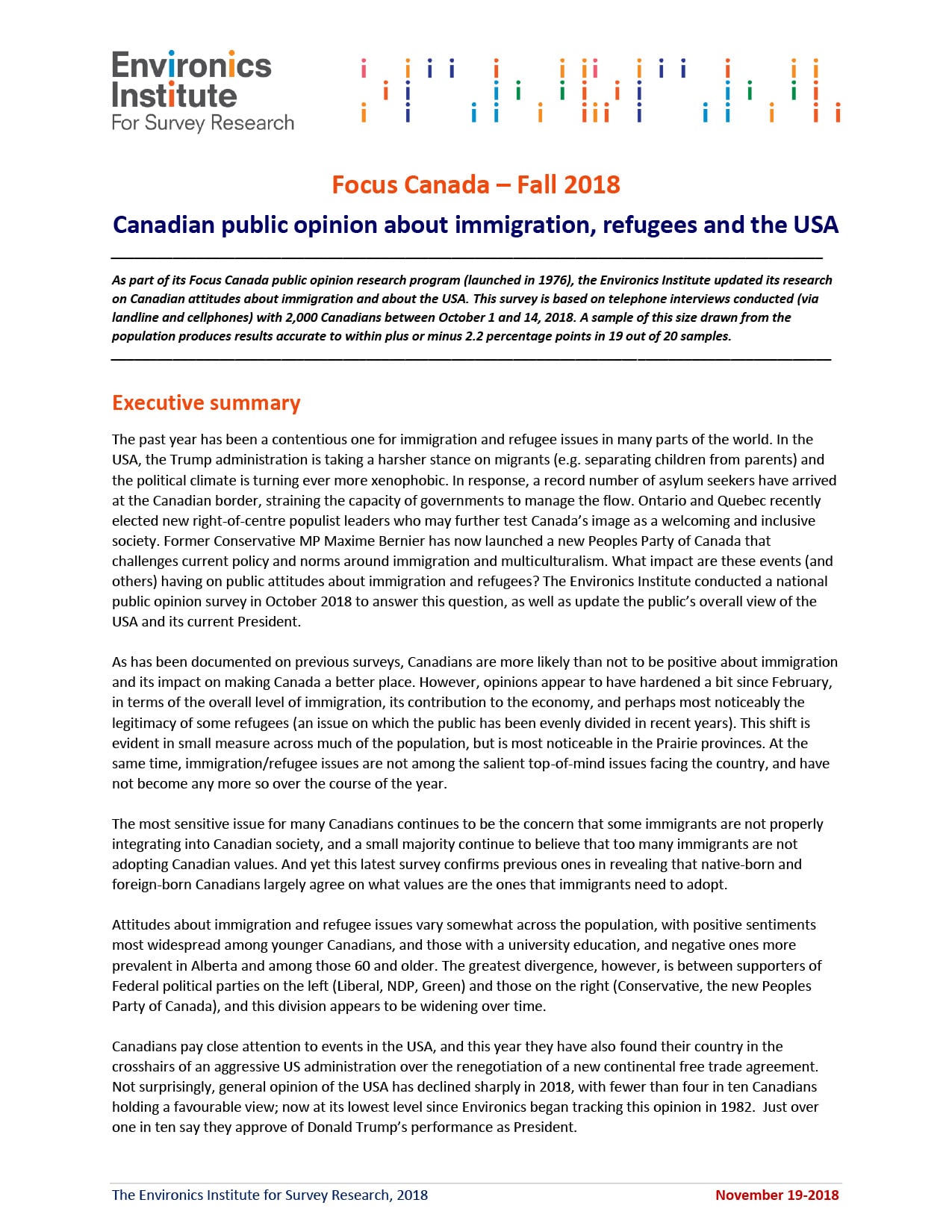A report titled &ldquo;Canadian public opinion on immigration, refugees and the USA&rdquo; by Environics Institute, with a red-highlighted &ldquo;Executive summary&rdquo; header and multiple paragraphs exploring views on immigration, refugees and attitudes toward the USA.