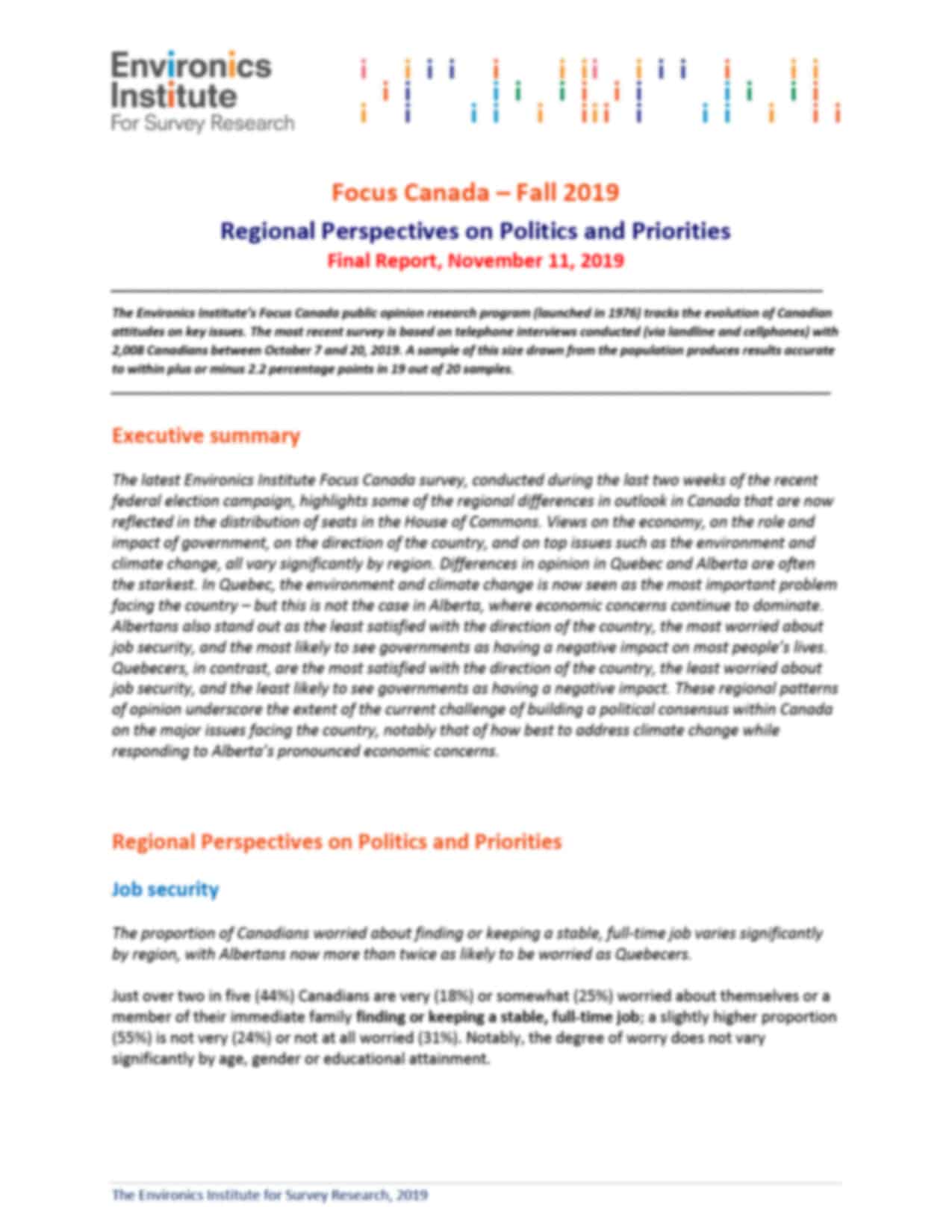 A report page titled Focus Canada&mdash;Fall 2019: Regional Perspectives on Politics and Priorities by Environics Institute. It features an executive summary and public opinion on job security, highlighted with blue and orange headings.