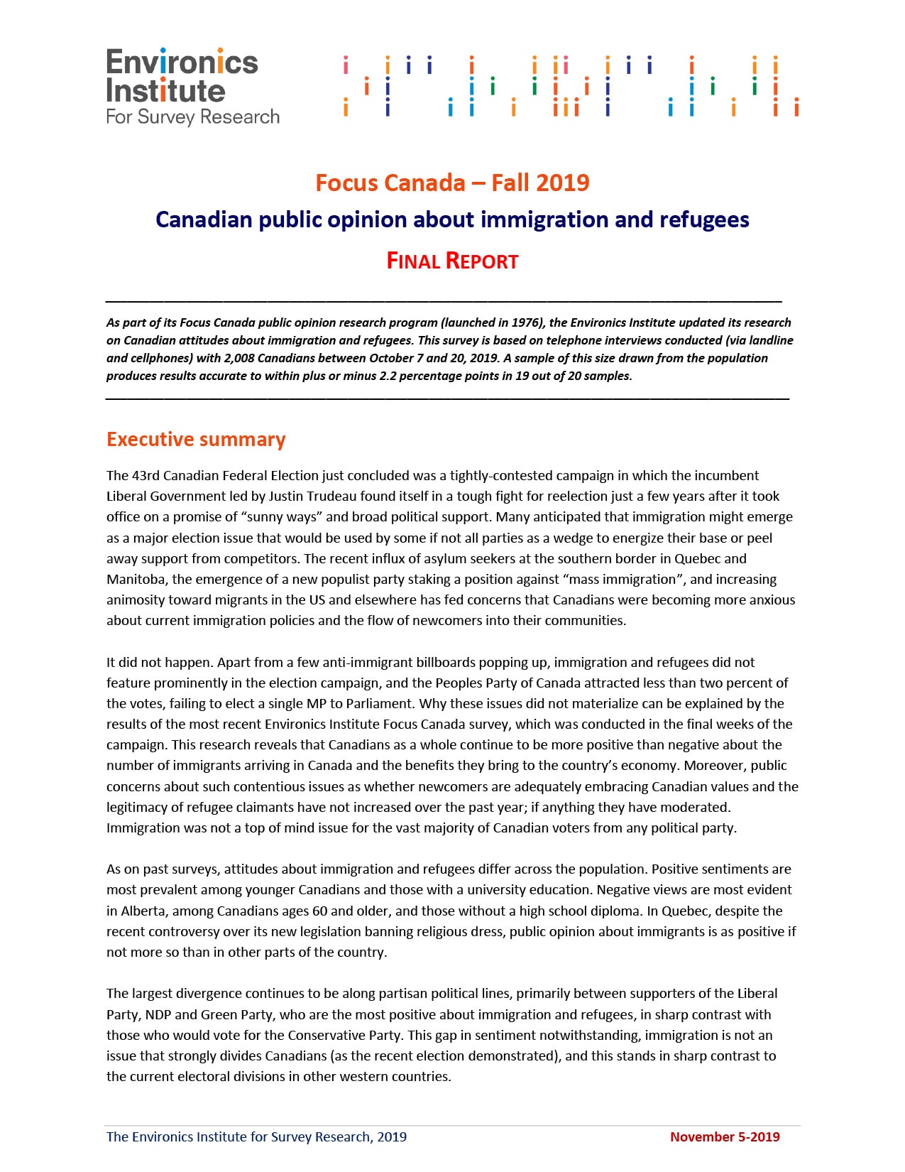A page from the Environics Institute&rsquo;s Fall 2019 Focus Canada report highlights Canadian public opinion on immigration and refugees, featuring summary text, section headings, and institutional branding on a white background.