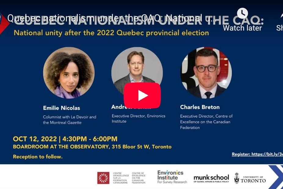 A YouTube video thumbnail for a Munk School event titled Quebec nationalism under the CAQ video after the 2022 Quebec provincial election. It features photos of panelists Emilie Nicolas, Andre Lecours, and Charles Breton, with event details and logos.