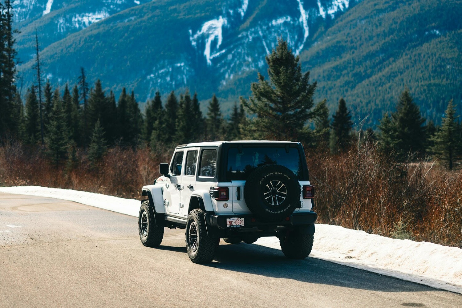 A white SUV is parked on a snow-lined mountain road surrounded by evergreen trees, with tall, snowy mountains in the background—reflecting landscapes where a majority of Canadians support equalization, even in Alberta, under the clear sky.