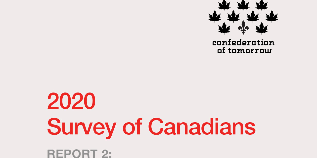 Cover page titled 2020 Survey of Canadians, Report 2: The Division of Powers and Resources, featuring a maple leaf graphic and 