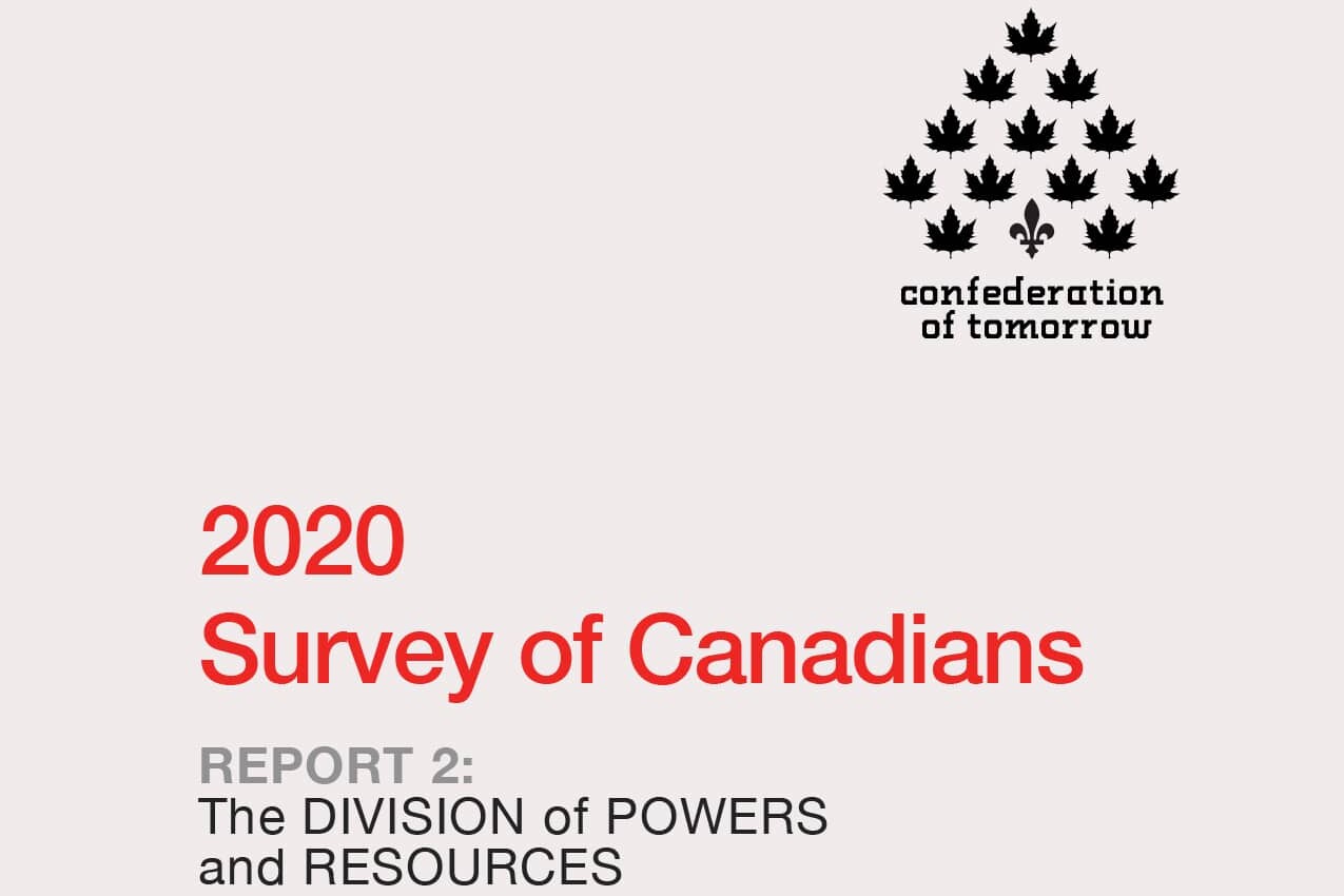 Cover page titled 2020 Survey of Canadians, Report 2: The Division of Powers and Resources, featuring a maple leaf graphic and 