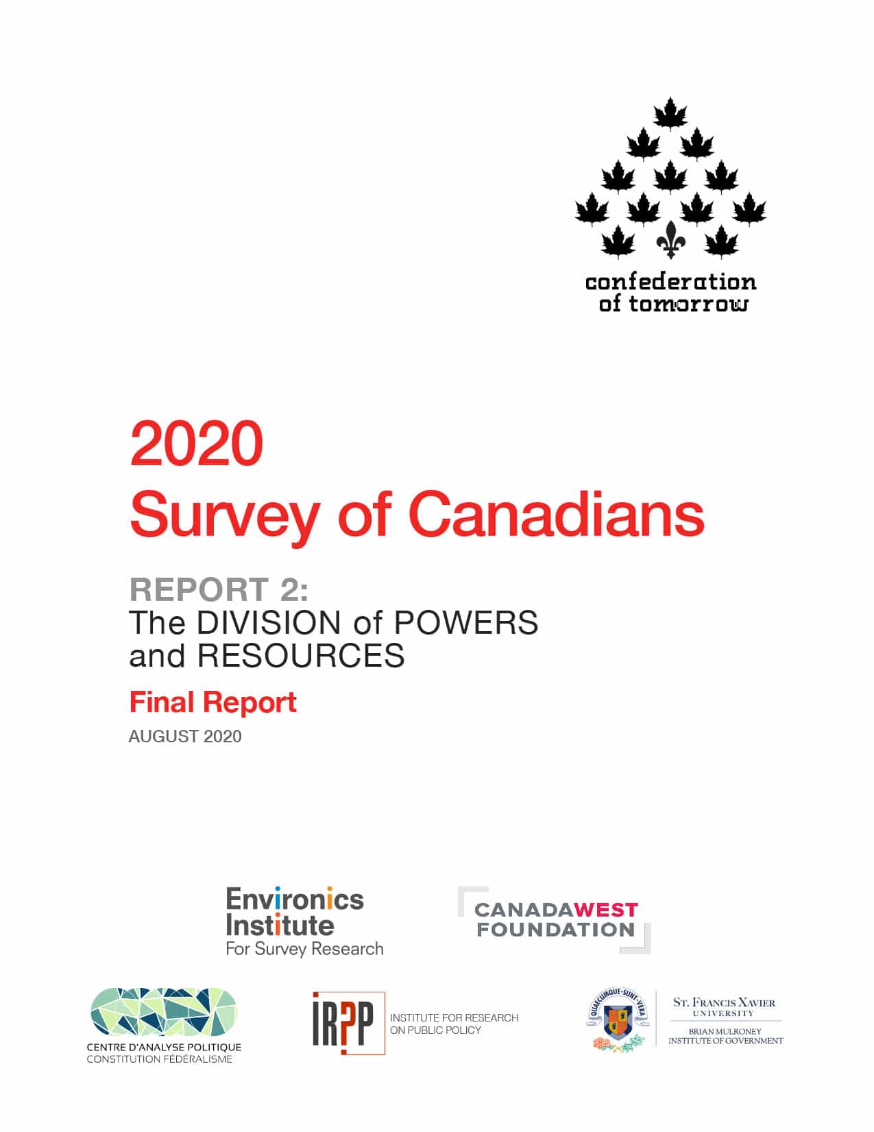 Cover page of the 2020 Survey of Canadians: Report 2&mdash;The Division of Powers and Resources, Final Report, featuring logos of Confederation of Tomorrow and supporting organizations at the bottom.