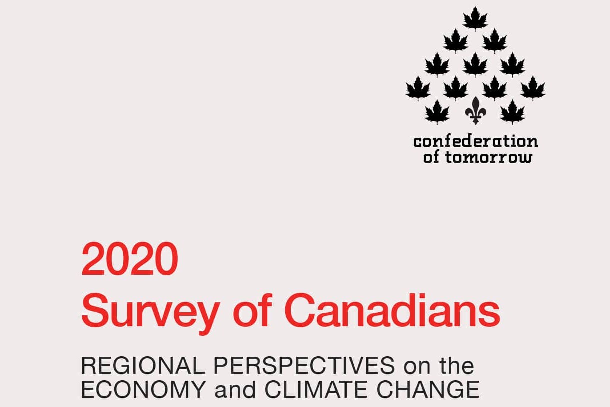 The cover of the 2020 Survey of Canadians: Regional Perspectives on the Economy and Climate Change report features a tree made of maple leaves and the text confederation of tomorrow.