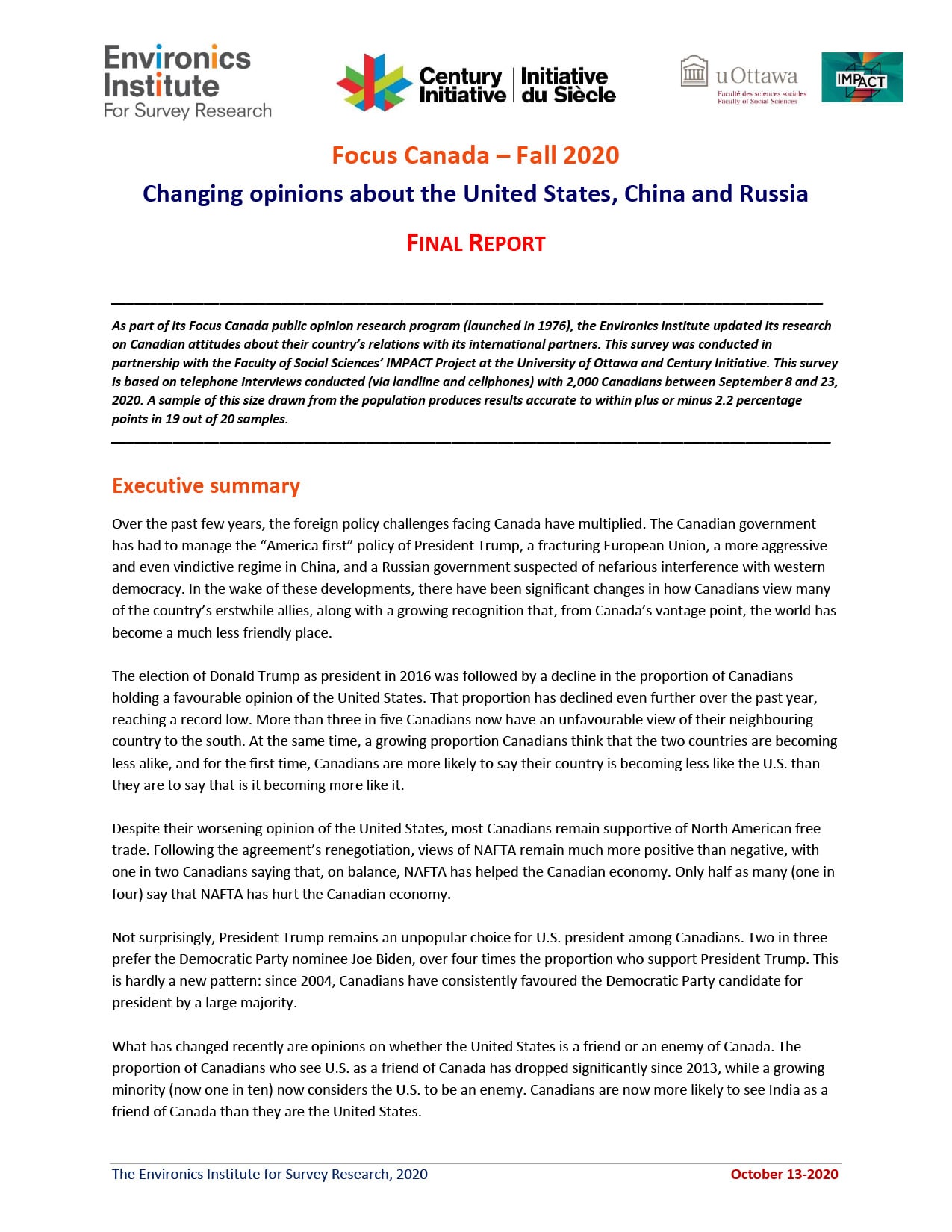 A report cover titled Focus Canada &ndash; Fall 2020: Changing opinions about the United States, China and Russia, featuring logos at the top, an executive summary, and black and red text on a white background.